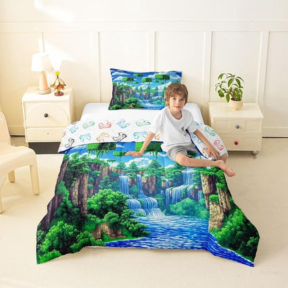 Manfei Pixelated Games Comforter Set -Cartoon Gamepad Comforter Twin Size Block Building Gaming Bedding Set for Kids Teens Bedroom Decor Fashion Modern Quilt Duvet,2 Pcs with 1 Pillowcase