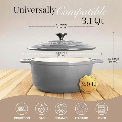 Cast Iron Dutch Oven with Lid - Non-Stick Ovenproof Enamelled Casserole Pot - Sturdy Dutch Oven Cookware - Grey, 3.1- Quart, 22cm- by Nuovva