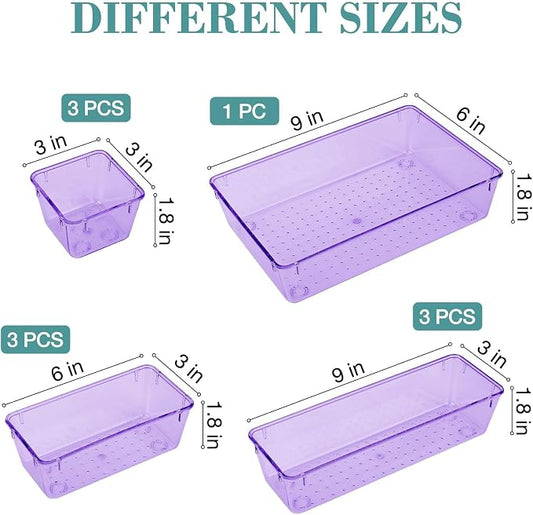 StorMiracle 10 PCS Drawer Organizer Set, 4 Varied Size Bathroom and kitchen Drawer cabinet organizer Trays, Clear Storage Bins for Makeup, Jewelry, Utensils and Gadgets, Purple