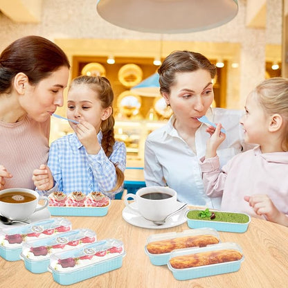 25Pack Mini Cake Pans Disposable Mini Loaf Pans with Lids and Spoons and Stickers, 6.8Oz Aluminum Foil Pans Tins, Individual Dessert Cups Containers for Sales,Party,Picnics Sky Blue