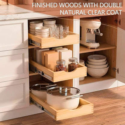 Menkxi 2 Set Wooden Pull out Cabinet Organizer Fully Assembled Slide out Pantry Drawer with Gentle Close Storage Shelf Tray for Base Kitchen Under Sink Bathroom (Wood Color,14'' X 21'' X 3'')