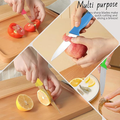 4-Piece Colored Paring Knife Set, 3.7 Inch Stainless Steel Sharp Fruit Vegetable Peeling Knives with Ergonomic Anti-Slip Large Handle, Small Kitchen Utility Knife for Daily Meal Prep, Assorted