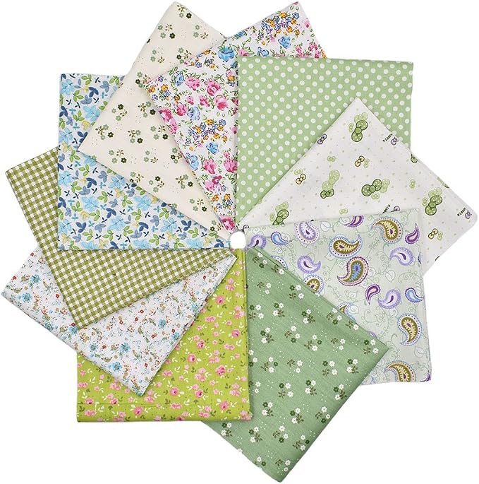 10pcs 12 x 12 inches (30cmx30cm) Print Green Series Fabric Bundle Squares Patchwork DIY Sewing Scrapbooking Quilting Pattern Artcraft