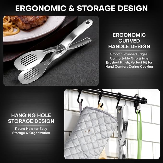 10.8 Inch 304 Stainless Steel Cooking Tongs, Metal Kitchen Tongs with Oil Drain Holes & Spring Rebound, Anti-Slip Handle for Grilling BBQ Salad Serving