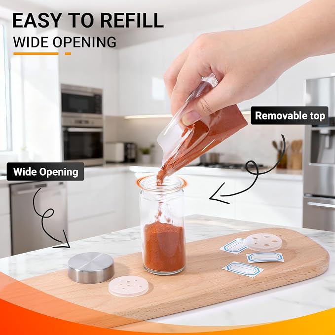 Segarty 3oz Spice Jar with Stainless Steel Shaker Lids, 3 Pack 90ml Round Spices Jars for Salt and Pepper Storage, Small Glass Seasoning Container Set, Empty Spice Shakers with 7 Stickers and 1 Brush
