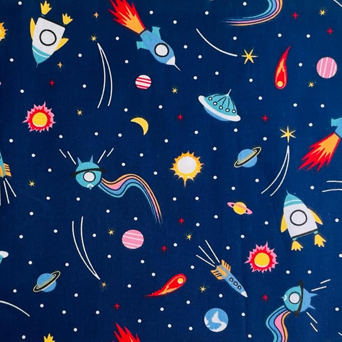DMFR Galaxy Fabric Squares 5 x 5 Inch, 42 Pcs Cotton Charm Pack Fabric for Quilting, Space Precut Quilt Squares with Rocket Planet Prints for Baby Boy, Kids Sewing, Patchwork and DIY Crafts