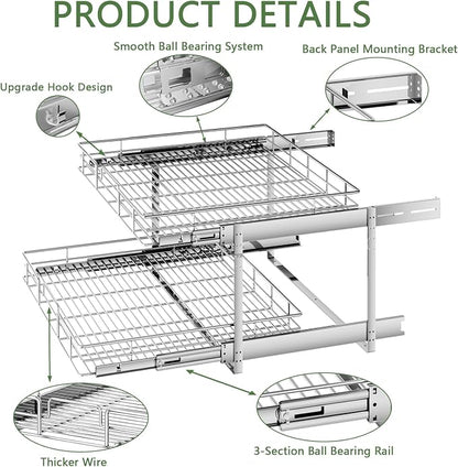 2 Tier Individual Pull Out Cabinet Organizer 30" W x 21½" D, Heavy Duty Cabinet Pull Out Shelves, Slide Out Drawers Organization for Kitchen Cabinets Bathroom