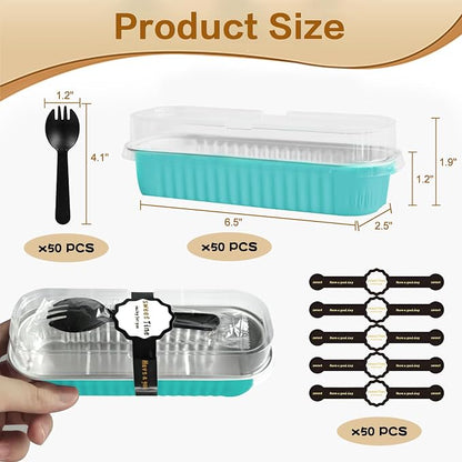 50 Pack Mini Cake Pans with Lids and Spoons, Mini Loaf Baking Pans 6.8oz, Small Disposable Aluminum Foil Loaf Pans, Rectangular Baking Containers for Party and Picnics, Cheesecake Pans (Blue)