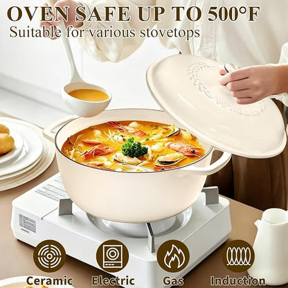 Enameled Cast Iron Dutch Oven Pot with Lid - Wildone 6QT Dutch Oven for Bread Baking, Braising, Stews, Roasting, Across All Cooktops, Oven Safe up to 500° F, Cream White