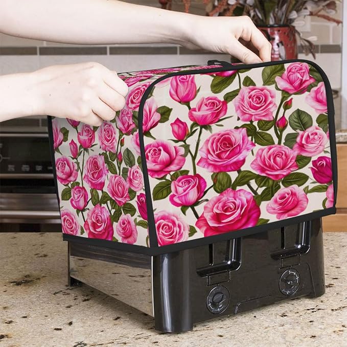 Rose Pink Toaster Cover 4 Slice Wide Slot Washable Toaster Covers | Retro Art Dust and Fingerprint Protection Bread Maker Covers for Kitchen Accessories Decor Bakeware Women Gift