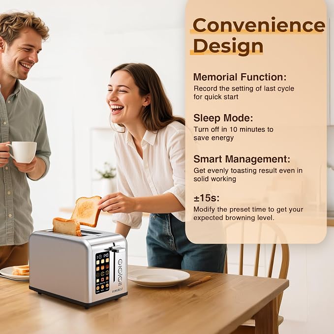 2 Slice Touch Screen Toaster with Wide Slots Stainless Steel Toasters for Family Breakfast, Even Toasting for Bagels & Bread, Reheat & Defrost, Easy Removable Crumb Tray, Silver