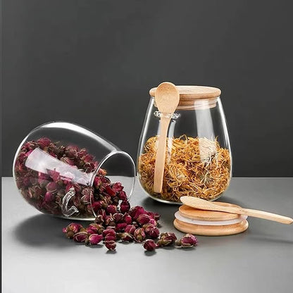 Airtight glass jar storage container with bamboo lid Set of 2, wide mouth, leak-proof, With a spoon, can be used for coffee beans, tea leaves, grains, dried fruits, etc (Middle)
