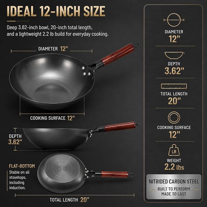 Calmabode 12” Flat Bottom Carbon Steel Wok with Glass Lid | Pre-seasoned nitrided carbon steel, amber glass lid, even heat base, ideal for wok hei, stir-fry and family meals