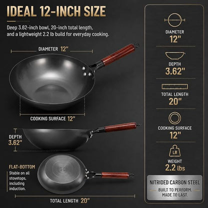 Calmabode 12” Flat Bottom Carbon Steel Wok with Glass Lid | Pre-seasoned nitrided carbon steel, amber glass lid, even heat base, ideal for wok hei, stir-fry and family meals
