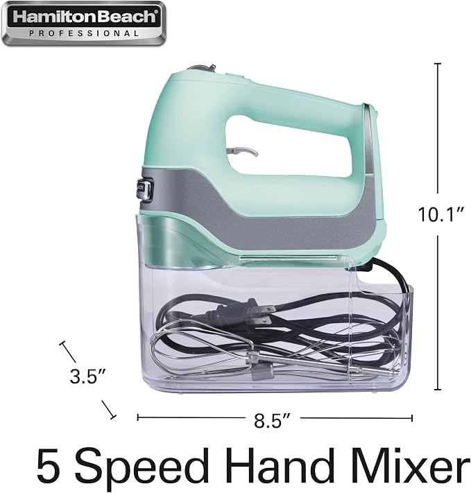 Hamilton Beach Professional 5-Speed Electric Hand Mixer with Snap-On Storage Case, QuickBurst, Stainless Steel Twisted Wire Beaters and Whisk, Mint (62658) (Pack of 2)
