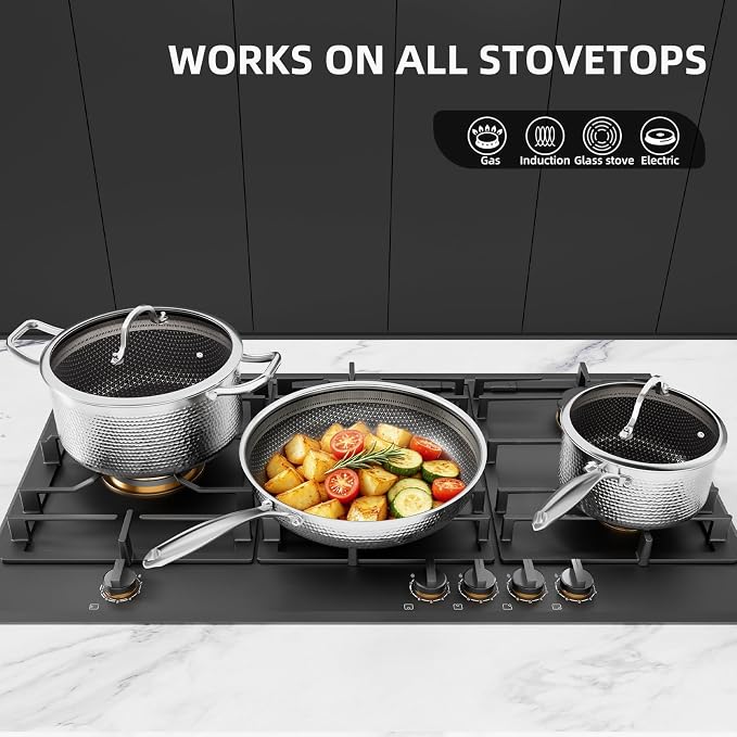 Stainless Steel Nonstick Pots and Pans Set (7 Pcs), PFOA Free, Induction Compatible, Fast & Even Heat, Dishwasher & Oven Safe (500F), 8/10/12" Fry Pans, Saucepan, Stock Pot for Home Cooking