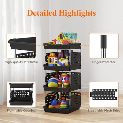 Lifewit Plastic Stackable Storage Baskets, 4 Tier Stacking Bins for Food and Clothes, Multifunctional Organizer for RV, Kitchen, Playroom, Pantry, Black, 35 x 30 x 72 cm/14 x 12 x 28 inch, 1 Pack