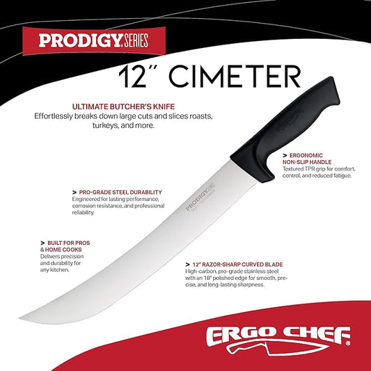 Ergo Chef Prodigy Series 12-Inch Cimeter Breaking Knife - High Carbon Stainless Steel Butcher Knife with Curved Blade, Ergonomic Non-Slip Handle, Black