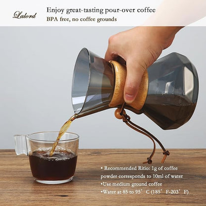 Lalord Pour Over Coffee Maker with Stainless Steel Filter, 20 oz Borosilicate Glass Coffee Carafe, Wooden Collar, Coffee Maker Carafe, Hold 3-4 Cups, 600 ml, Gray