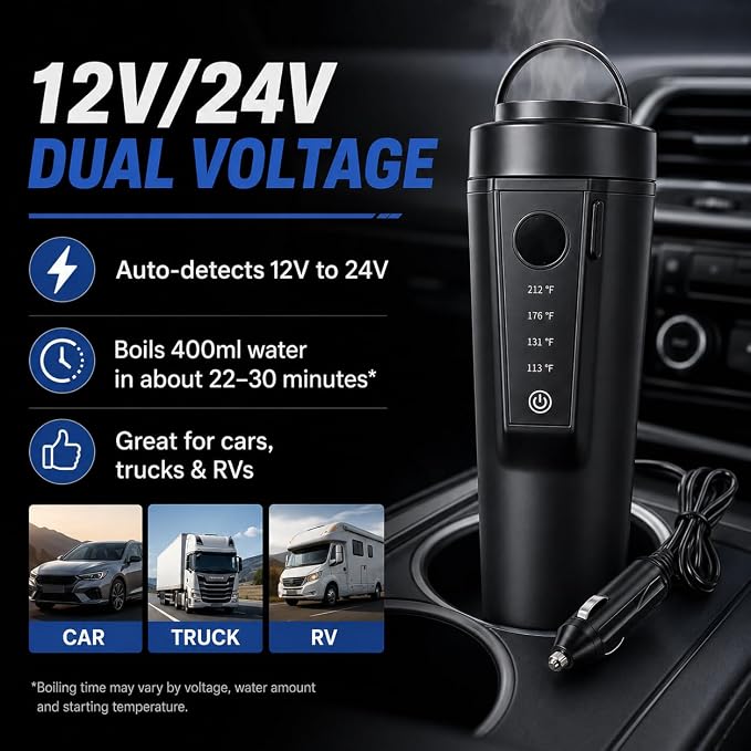 Travel Electric Car Kettle 12V/24V Dual Voltage, Protable Car Electric Kettle for Road Trips, Mini Protable Water Boiler 4 Temp Control for Boiling Water & Brewing Coffee Tea Milk, 400ml(Black)