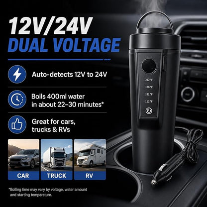 Travel Electric Car Kettle 12V/24V Dual Voltage, Protable Car Electric Kettle for Road Trips, Mini Protable Water Boiler 4 Temp Control for Boiling Water & Brewing Coffee Tea Milk, 400ml(Black)