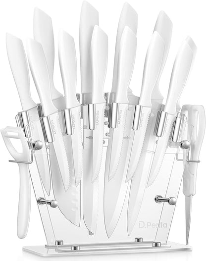 Knife Set, D.Perlla 16 Pieces White Kitchen Knife Set with Acrylic Stand, High Carbon Stainless Steel, Non Stick Coated Knife Block Set, No Rust, Non Slip Handle, Sharp Knife
