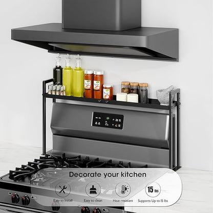 Bumusty Adjustable High Stand Stove Top Shelf – Expandable 4-Level Spice Rack and Kitchen Countertop Organizer, Anti-Slip Metal, 27"–33" Length, 11"–14" Height, Black