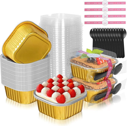 10oz Mini Cake Pans with Lids, 40 Pack Aluminum Foil Brownie Pans,Disposable Ramekins Muffin Tins,Square Baking Pans Cupcake Cups,Individual Dessert Containers Flans for Brownie - Gold