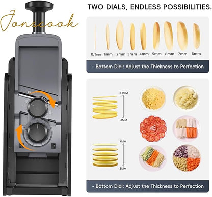 Jonscook 7-in-1 Safe Mandoline Slicer for Kitchen, Vegetable Slicer with Container, Veggie Chopper Cutter, Upgraded Tray & Stainless Steel Grater & Basket & Lid & Cleaning Brush (Black Knight Pro)