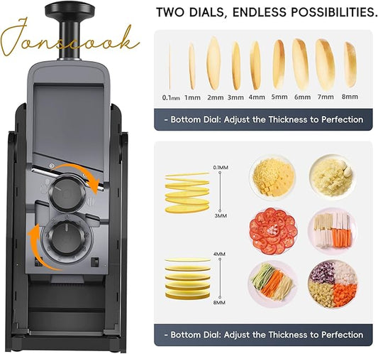 Jonscook 7-in-1 Safe Mandoline Slicer for Kitchen, Vegetable Slicer with Container, Veggie Chopper Cutter, Upgraded Tray & Stainless Steel Grater & Basket & Lid & Cleaning Brush (Black Knight Pro)