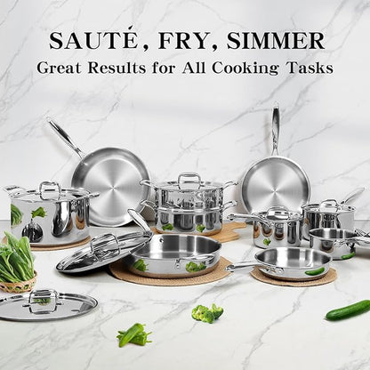 EWFEN Stainless Steel Cookware Set, 3 Ply 17 Piece Stainless Steel Pot and Pan Set, Oven Dishwasher Safe | Induction Compatible Frying Pans, Saucepans, Saute Pan & Stock Pot, PFOA, PTFE & PFOS Free