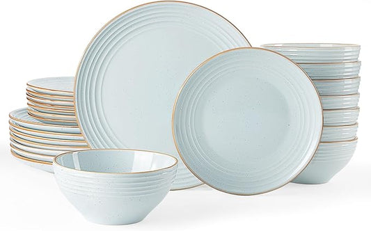 Famiware Jupiter 24-Piece Stoneware Dinnerware Set, Handcrafted Plates and Bowls with Speckles & Embossed Swirls, Chip/Scratch Resistant, Microwave/Dishwasher Safe, Rustic Dishes, Service for 8, Blue