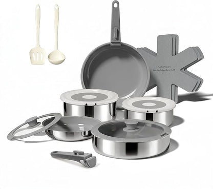 16PCS Pots and Pans Set Non Stick, Diamond-Titanium Ceramic Cookware Set & 3 Layer Stainless Steel with Detachable Handle, Induction Cookware, Non Toxic Oven/Dishwasher Safe, Gray