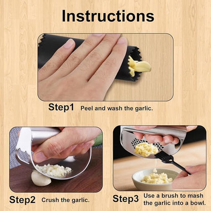 Stainless Steel Hand Garlic Rocker Presser Set, Garlic Press Smasher with Plastic Peeler Roller and Brush Ginger Crusher Mincer Cutter Supplies for Kitchen Dicer Chopper Grater Gadgets