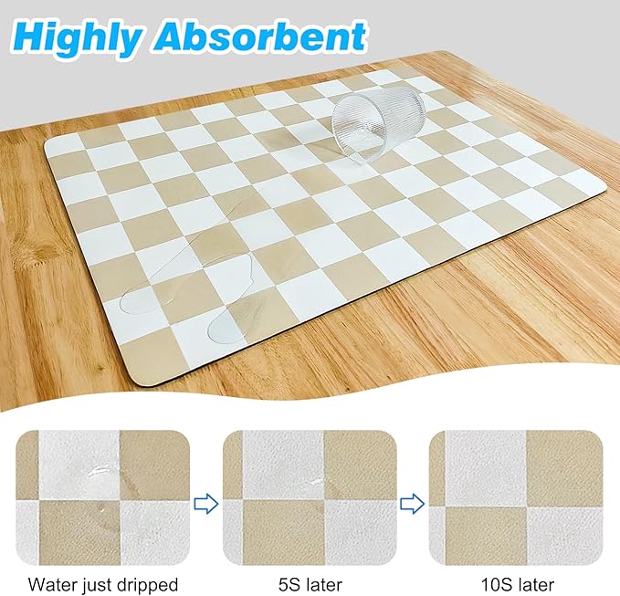 CooRug Checkered Dish Drying Mat for Kitchen Counter, Absorbent Non-Slip Coffee Mat, Heat Resistant Mat for Countertops Coffee Bar Decor 12" x 20" Khaki