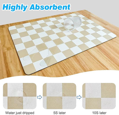 CooRug Checkered Dish Drying Mat for Kitchen Counter, Absorbent Non-Slip Coffee Mat, Heat Resistant Mat for Countertops Coffee Bar Decor 17" x 32" Khaki