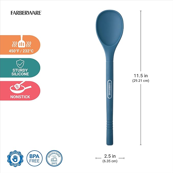 Farberware Professional Silicone Cooking Spoon – Heat Resistant to 450F, Safe for Nonstick Cookware – 11.5 Inch Kitchen Utensil for Stirring, Mixing, Basting, and Serving, Dishwasher Safe