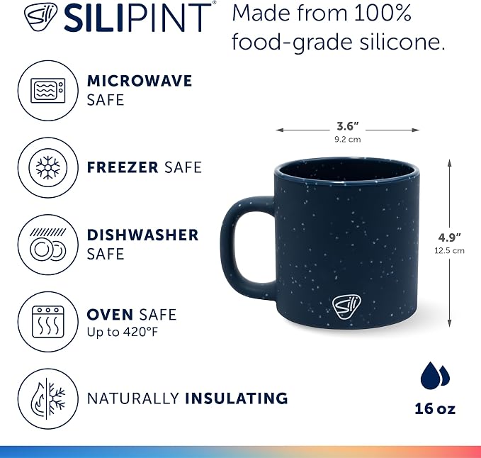 Silipint 16oz Silicone Coffee Mug – Unbreakable Dishwasher Safe Microwave Oven & Freezer Compatible Travel Mug – Non-Toxic Reusable Cup for Hot Coffee Tea or Cold Drinks (Speckled Blue) Pack of 1