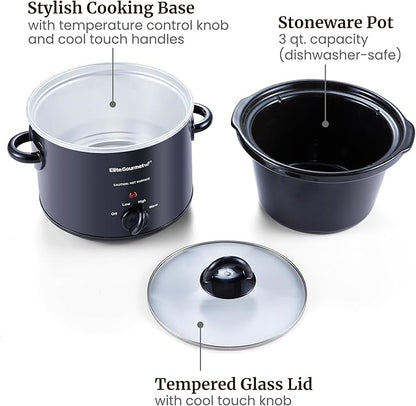 Elite Gourmet MST-350B Electric Slow Cooker, Adjustable Temp, Entrees, Sauces, Stews & Dips, Dishwasher Safe Glass Lid & Crock (3 Quart, Black)