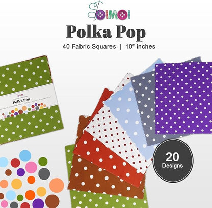 Soimoi 40 Pcs Cotton Fabric Squares Bundles Charm Packs for Quilting, Fat Quarter Layer Cakes, Precuts Quilt Squares 10 x 10 inches, DIY Fabric Bundle - Polka Pop