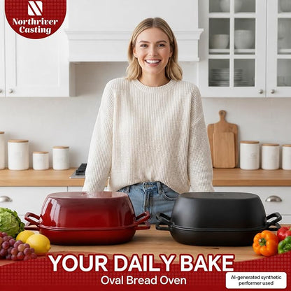 Northriver Casting 12"x8" Oval Cast Iron Dutch Oven for Bread Baking，Pre-Seasoned Combo Cooker with Lid, Perfect for Sourdough, Artisan Loaves & Family Meals,5 Qt