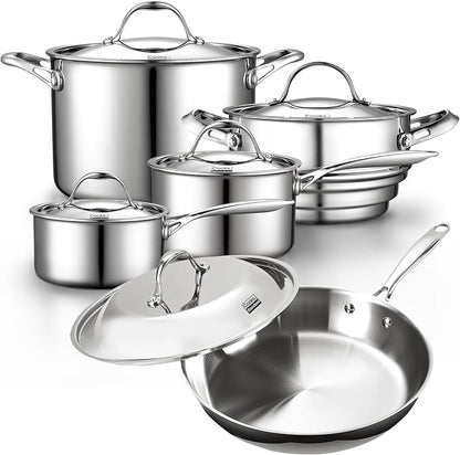 Cooks Standard Multi-ply Clad Stainless Steel Cookware Set, Includes Saucepans, Steamer, Stockpot, Frying Pans with Lids, Induction Compatible, Dishwasher Safe, Oven Safe, 10-Piece