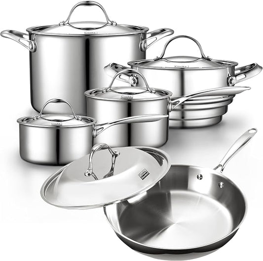 Cooks Standard Multi-ply Clad Stainless Steel Cookware Set, Includes Saucepans, Steamer, Stockpot, Frying Pans with Lids, Induction Compatible, Dishwasher Safe, Oven Safe, 10-Piece