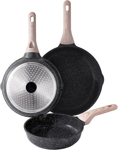 Kordisen Nonstick Frying Pan Set, 3 Piece Skillet Set, Healthy Induction Cooking Pan, Stay-Cool Handle, Compatible with All Stovetops, PFOA Free (8, 9.5, 11 Inch)