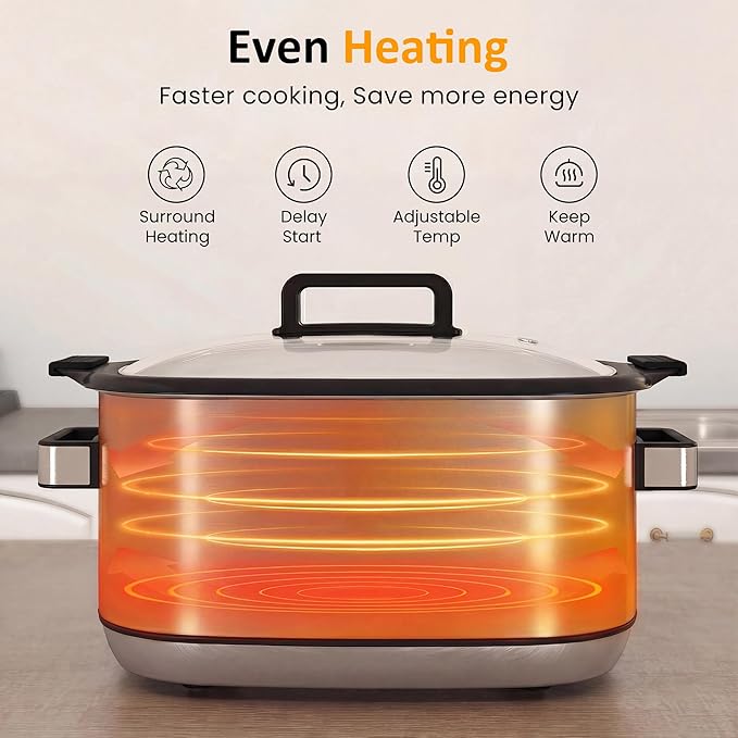 Sunvivi 12-in-1 Multi Cooker, 6.5QT Programmable Slow Cooker with Timer & Temp Control, Auto Warm Setting, Delay Start, Dishwasher Safe Lid & Removable Nonstick Crock, Stainless Steel Rack, Sliver