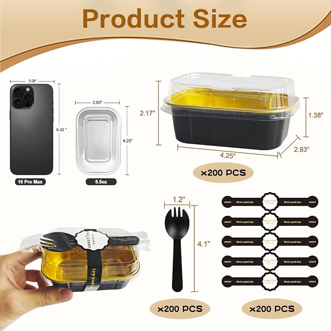 Mini Cake Pans With Lids And Spoons,5.5 oz Rectangle Mini individual Loaf Pans Disposable Aluminum Foil Small Baking Cups Tins (200, Black)