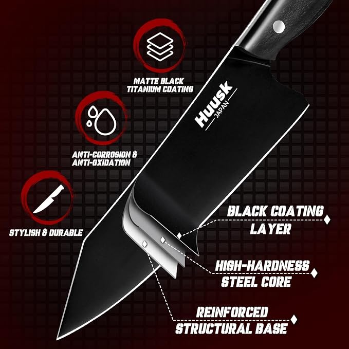 Huusk Japanese Chef Knife Set for Kitchen - 3 pcs Black Kitchen Knife Set with Titanium Coating, Stainless Cutting Knives Sets, Professional Cooking Knives for Vegetable Fruit Meat, Christmas Gift Men