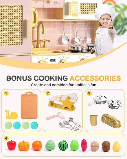 Babytronic Wooden Kitchen Playset for Kids - Pink Pretend Play Kitchen with Lights & Sounds, Retro Style Toy Kitchen for Toddlers Ages 3+, Wooden Play Kitchen Set with Realistic Design (Pink)