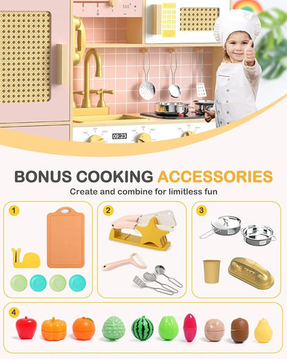 Babytronic Wooden Kitchen Playset for Kids - Pink Pretend Play Kitchen with Lights & Sounds, Retro Style Toy Kitchen for Toddlers Ages 3+, Wooden Play Kitchen Set with Realistic Design (Pink&Gold)