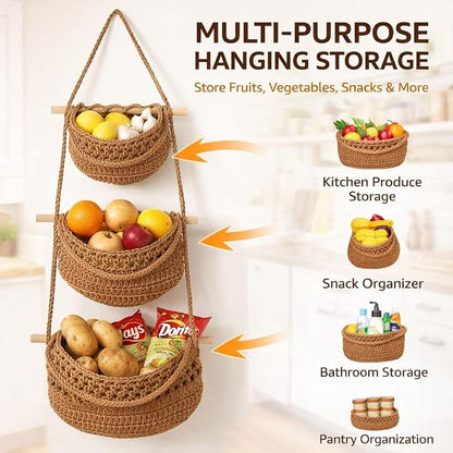 3 Tier Hanging Fruit Basket for Kitchen, Wall Mounted Cotton Rope Produce Storage Organizer, Boho Farmhouse Decor, Space Saver for Small Kitchens, Pantry, Bathroom, RV, Plant & Vegetable Storage